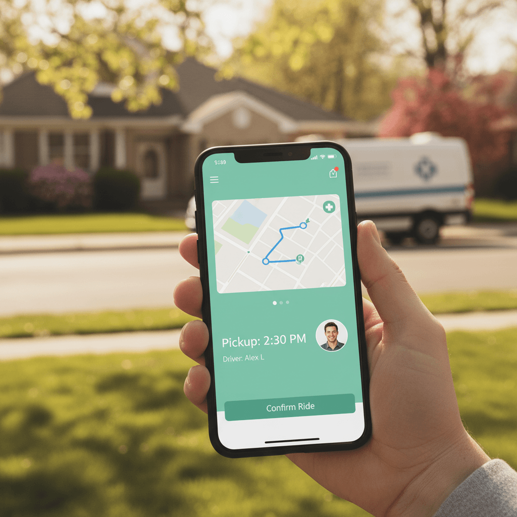 Person holding smartphone showing medical transportation booking app