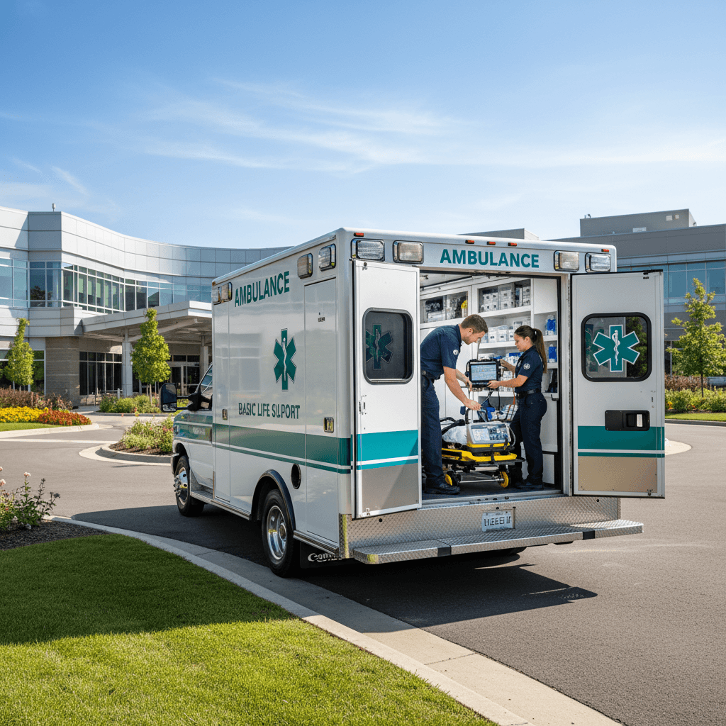 Modern Basic Life Support ambulance with EMT staff checking equipment