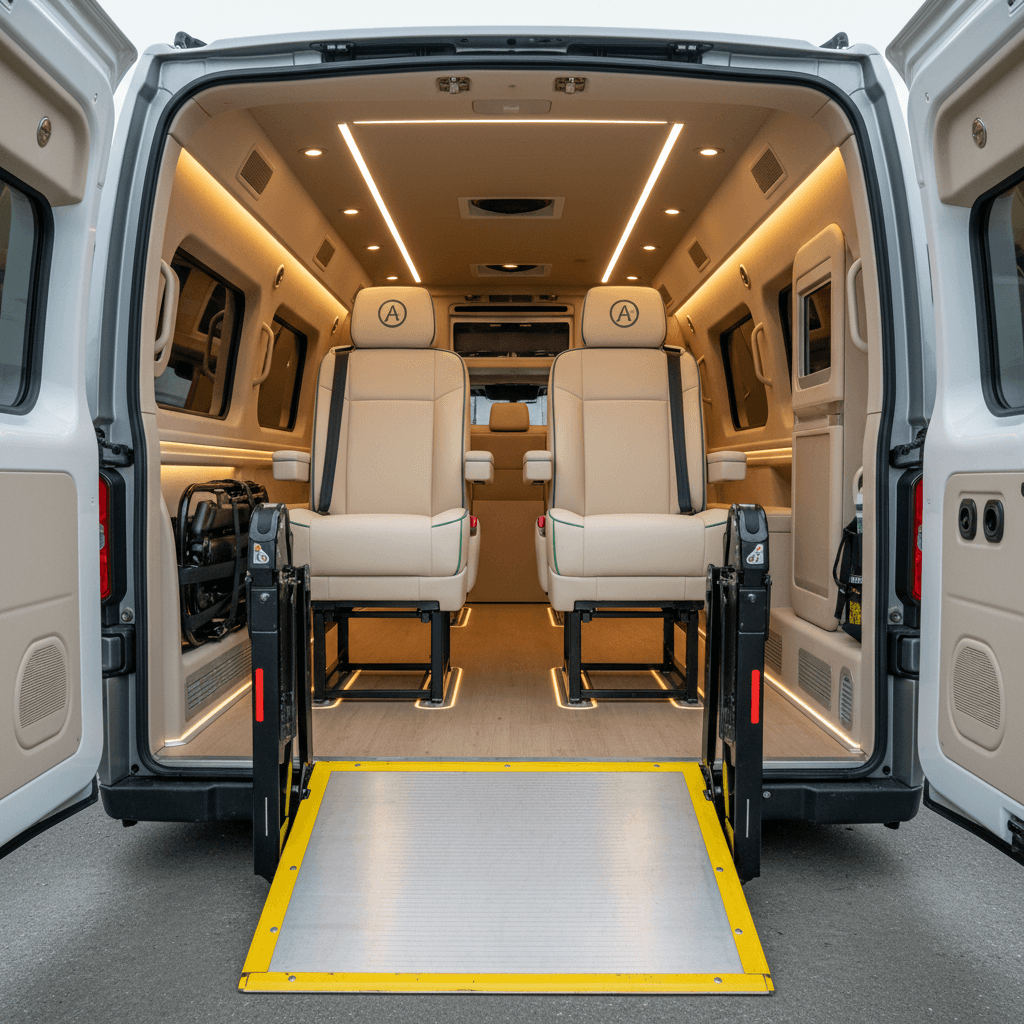 Spacious bariatric medical transport vehicle interior with reinforced equipment