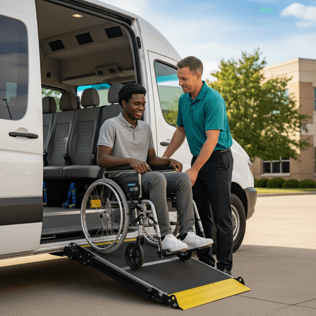 Professional driver assisting wheelchair user up hydraulic ramp into accessible van